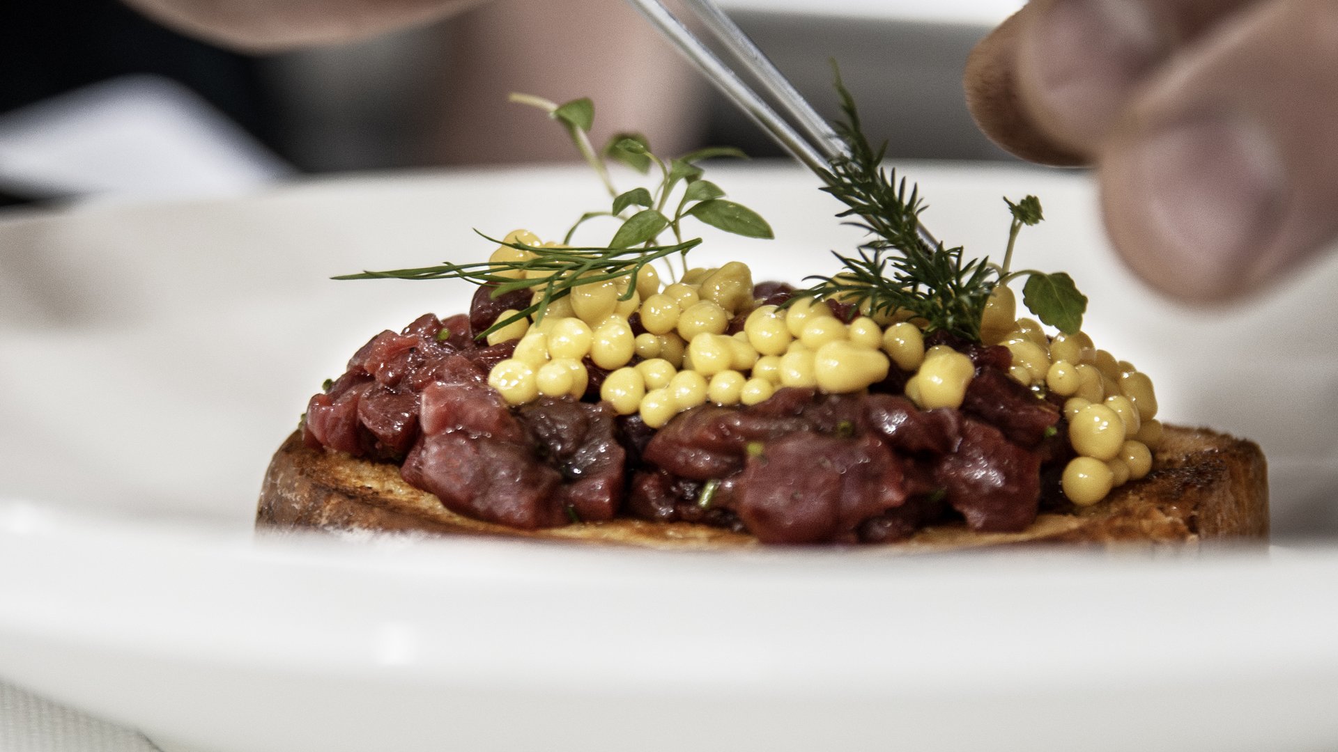 Experience moments of culinary magic Hands decorating a dish with fresh herbs and yellow pearls