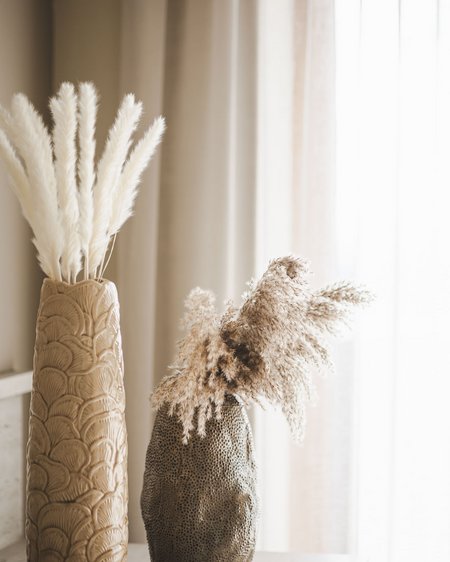 Our current catalogue for downloading Two decorative vases with dried pampas grass in front of curtains