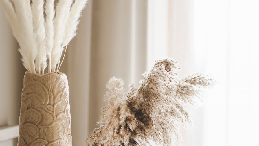 Was wirklich mit muss Zwei dekorative Vasen mit getrockneten Pampasgras vor Vorhängen