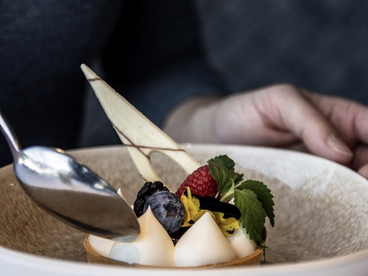 Experience moments of culinary magic Elegant dessert with berries and cream on a white plate