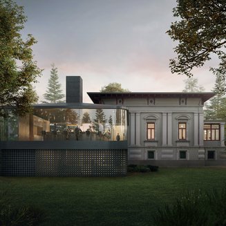 Atelier Moessmer Norbert Niederkofler Edificio moderno in vetro con persone accanto a casa storica in giardino