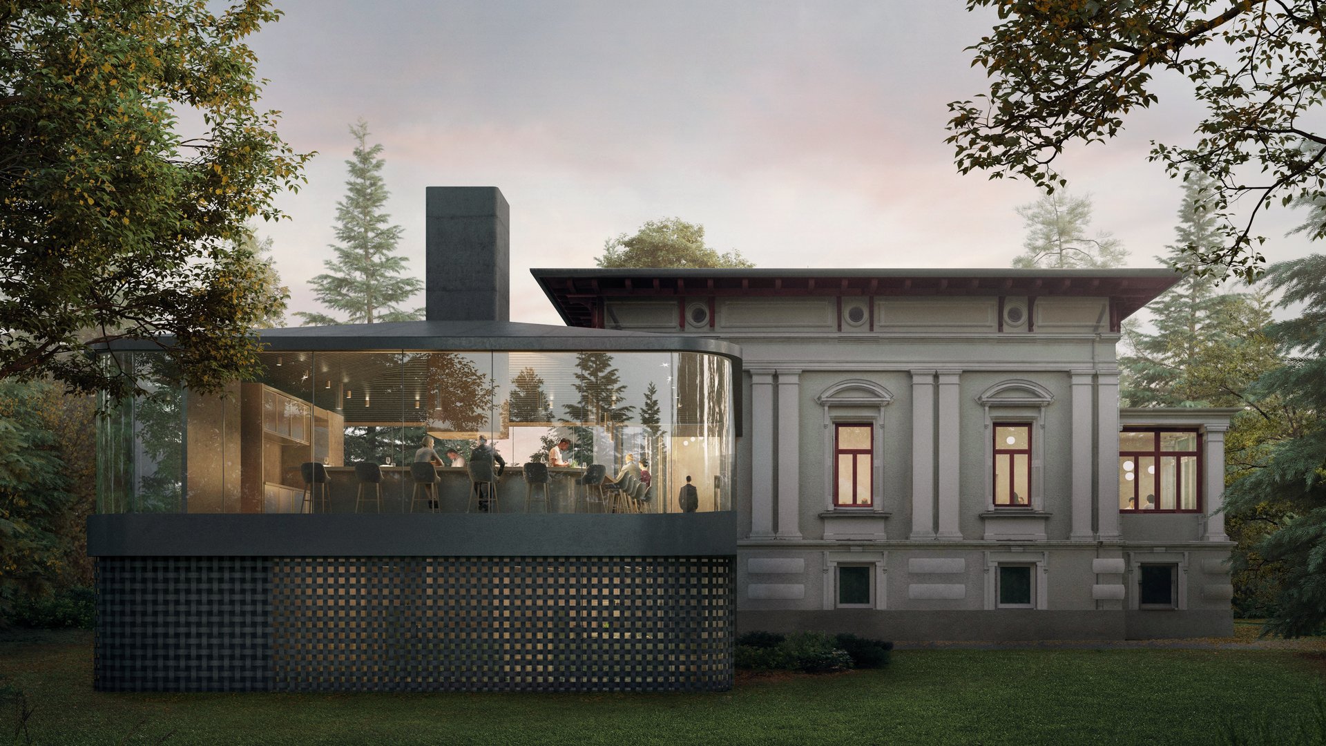 Atelier Moessmer Norbert Niederkofler Edificio moderno in vetro con persone accanto a casa storica in giardino