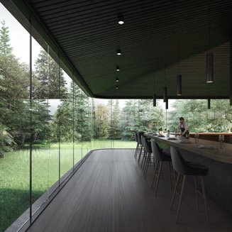 Atelier Moessmer Norbert Niederkofler Bar moderna con grandi vetrate e vista sulla foresta