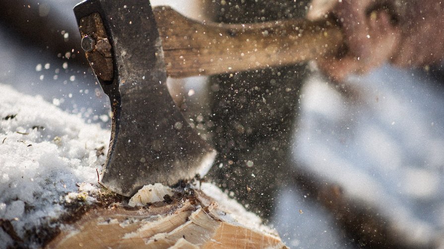 Unser Engagement für die Umwelt Axt beim Holzhacken in einem Baumstamm im Schnee